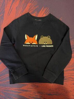 MAISON KITSUNÉ Black Sweatshirt with Orange Fox & Brown Bear Graphic
